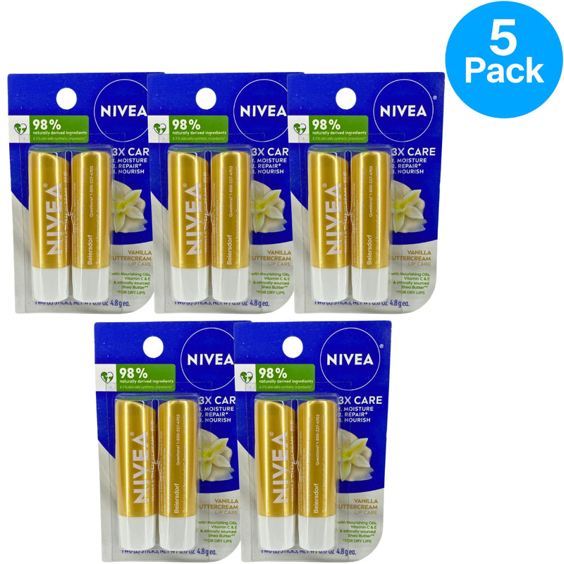 Nivea Vanilla Buttercream Lip Care 2-Stick Blister Pack 0.17 oz 5 Pack New