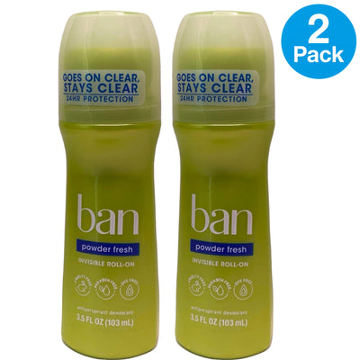 Ban Powder Fresh Invisible Roll-On Antiperspirant Deodorant 2 Pack Exp 11/27