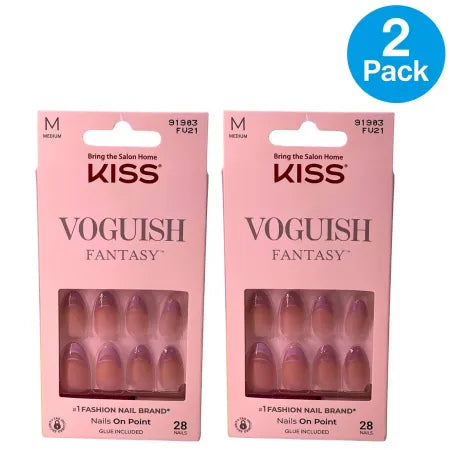 KISS Voguish Fantasy Nails FV21 Medium Almond Purple French Glitter 28ct 2 Pack