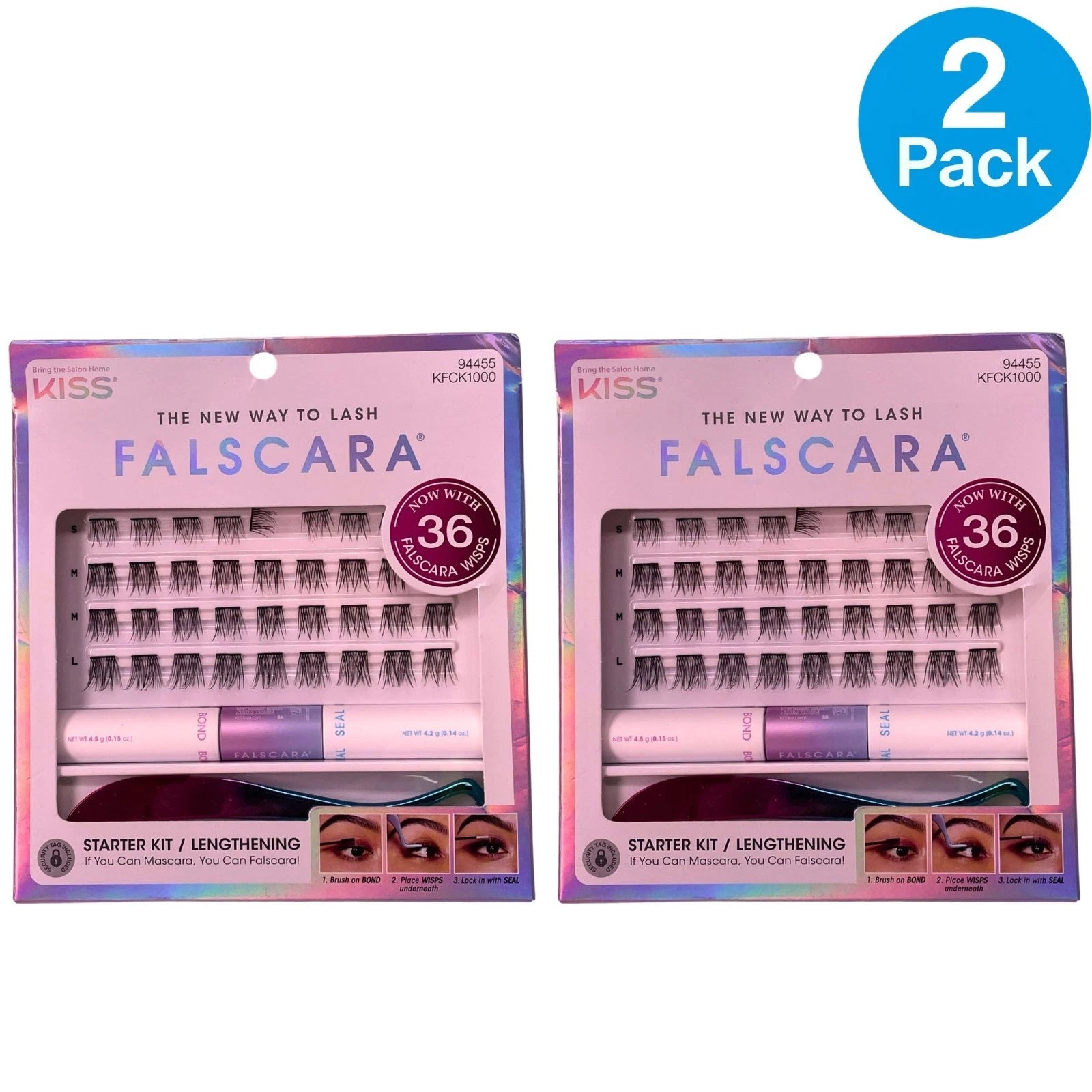 KISS Falscara Eyelash Starter Kit Lengthening Wisps Bond Seal Applicator 2 Pack
