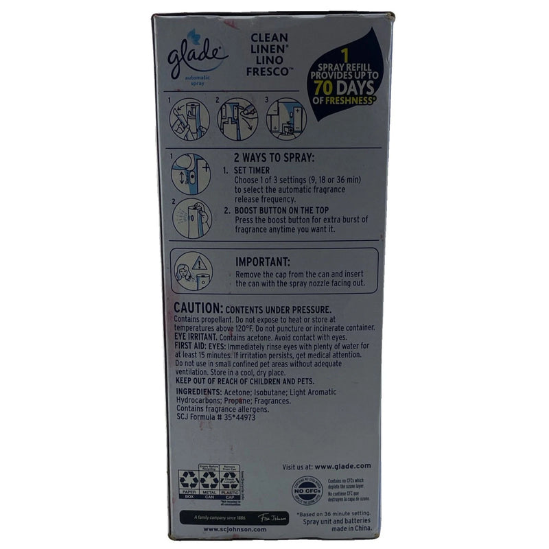 Glade Automatic Spray Clean Linen 6.2 oz Starter Kit 1 Pack New