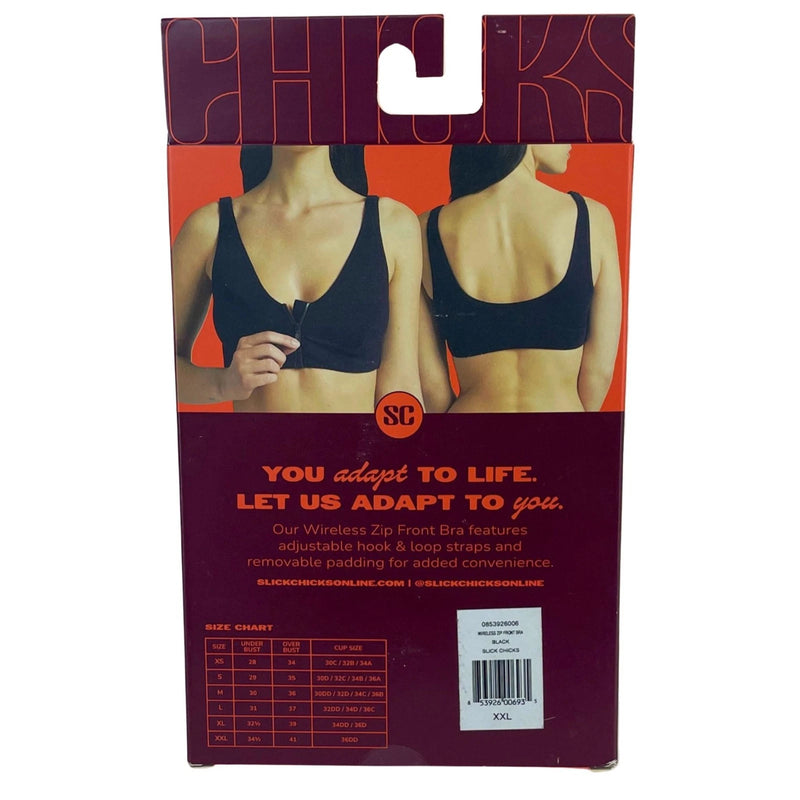 Slick Chicks Front Zip Wireless Bra Adjustable Straps Black 2XL 4 Pack New