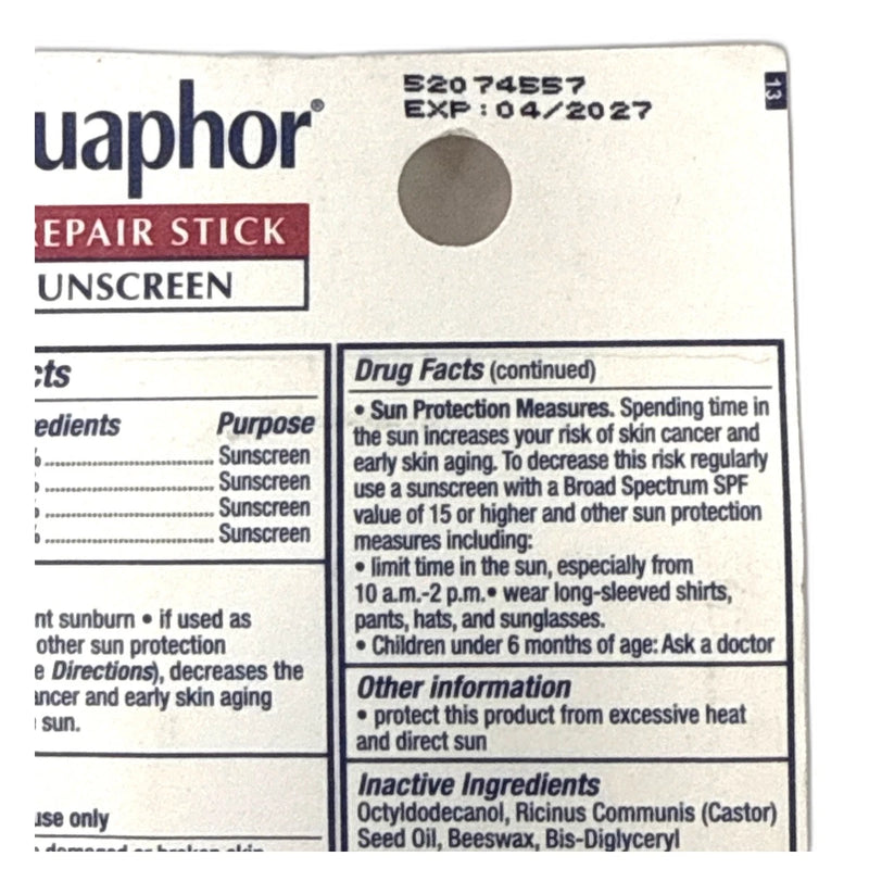 Aquaphor Lip Repair Stick 0.17oz 2 Each 6 Total Exp 04/27 Pack of 3 New