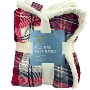 Wayland Square Plush Plaid Throw Blanket Red Cream Sherpa Faux Fur Back 50 in x