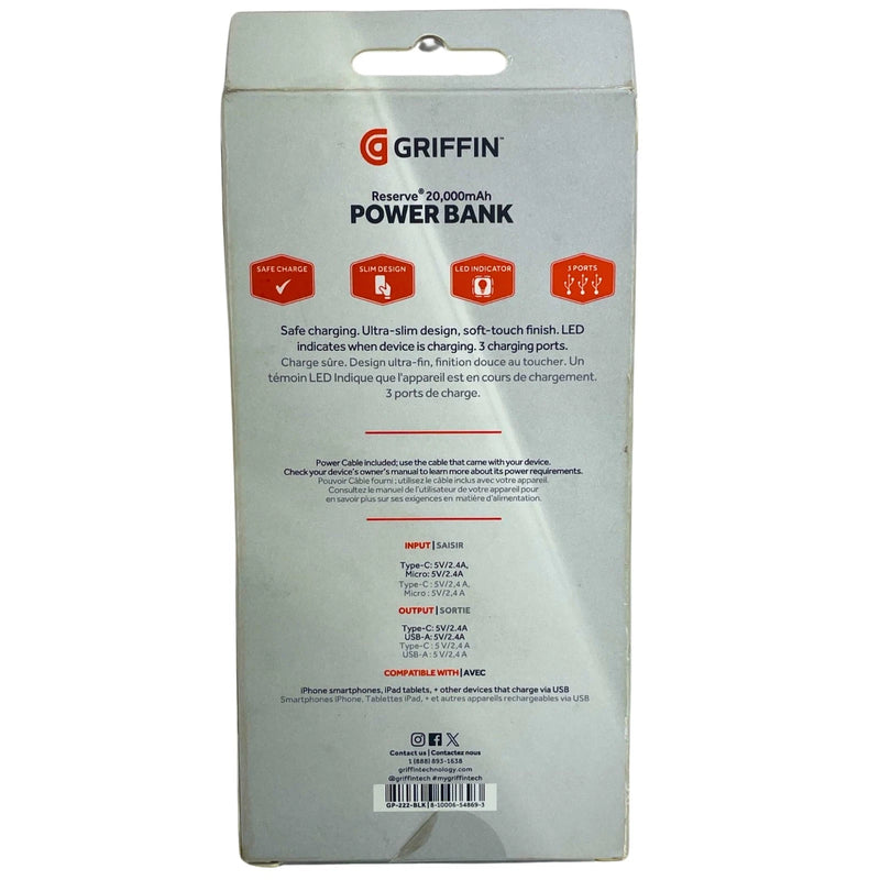 Griffin Reserve 20000mAh Portable Power Bank Battery Charger 3 Ports LED Indicat