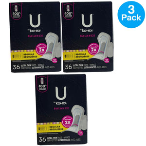 U by Kotex Balance Ultra Thin Pads Wings Regular Absorbency 36ct 3 Pack New