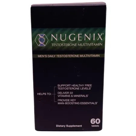 Nugenix Testosterone Multivitamin for Men bottle with 22 essential vitamins and minerals, 60 capsule count