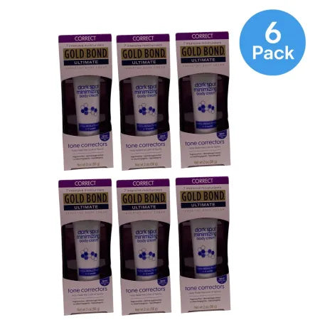 Gold Bond Dark Spot Minimizing Body Cream 2 oz 6 Pack box with product bottles displayed