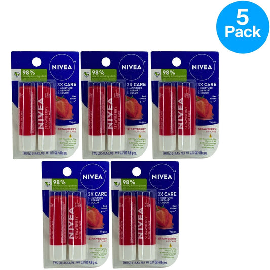 Nivea Strawberry Lip Care Tinted Lip Balm 0.17 Oz 5 Pack New
