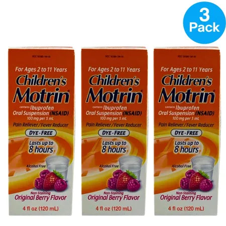 Children's Motrin Dye-Free Ibuprofen Berry Flavor 4oz bottle 3-pack bundle expiring 2027