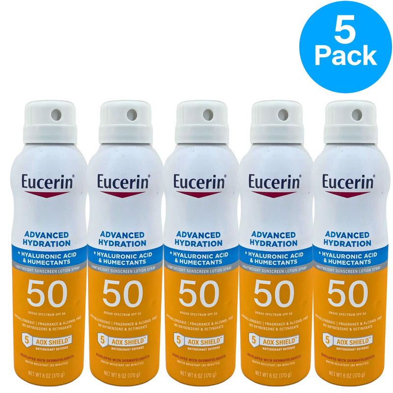 Eucerin Advanced Hydration Sunscreen Spray SPF 50 Hyaluronic Acid 6 oz 5 Pack Ne