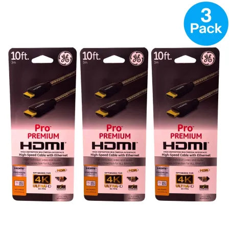 GE Pro Premium HDMI Cable 10ft 4K Ultra HD High Speed Ethernet 3 Pack