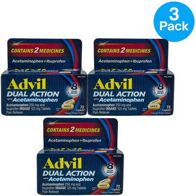 Advil Dual Action With Acetaminophen Pain Reliever 72 Caplets 3 Pack Exp 09/28