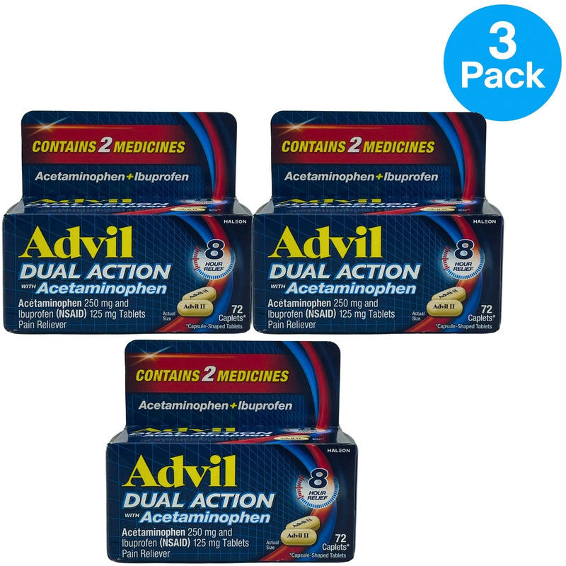 Advil Dual Action With Acetaminophen Pain Reliever 72 Caplets 3 Pack Exp 09/28