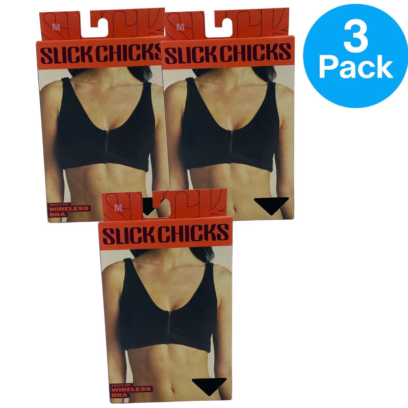 Slick Chicks Front Zip Wireless Bra Adjustable Straps Black Medium 3 Pack New