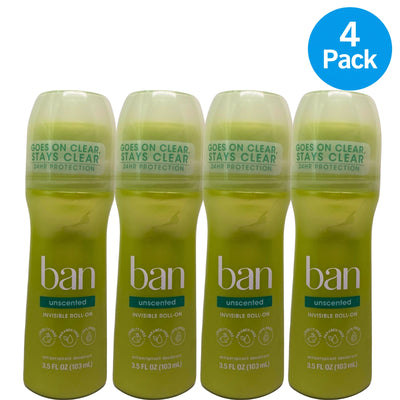 Ban Unscented Invisible Roll-On Antiperspirant Deodorant 3.5 oz 4 Pack Exp 11/26