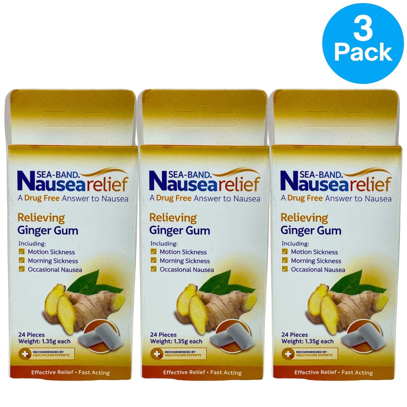 Sea-Band Nausea Relief Relieving Ginger Gum 24 Pieces 3 Pack Exp 03/27 New