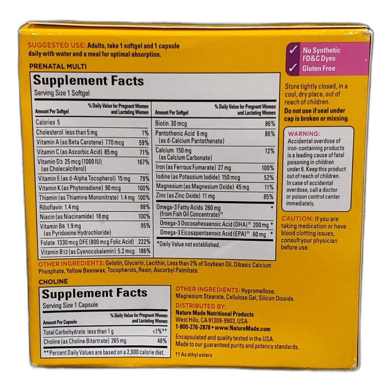 Nature Made Prenatal Multi Choline Folic 240 Total Exp 04/27 Pack of 2 New