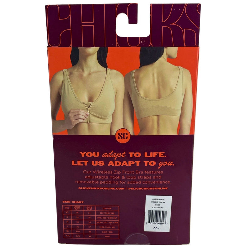 Slick Chicks Front Zip Wireless Bra Adjustable Straps Beige 2XL 3 Pack New