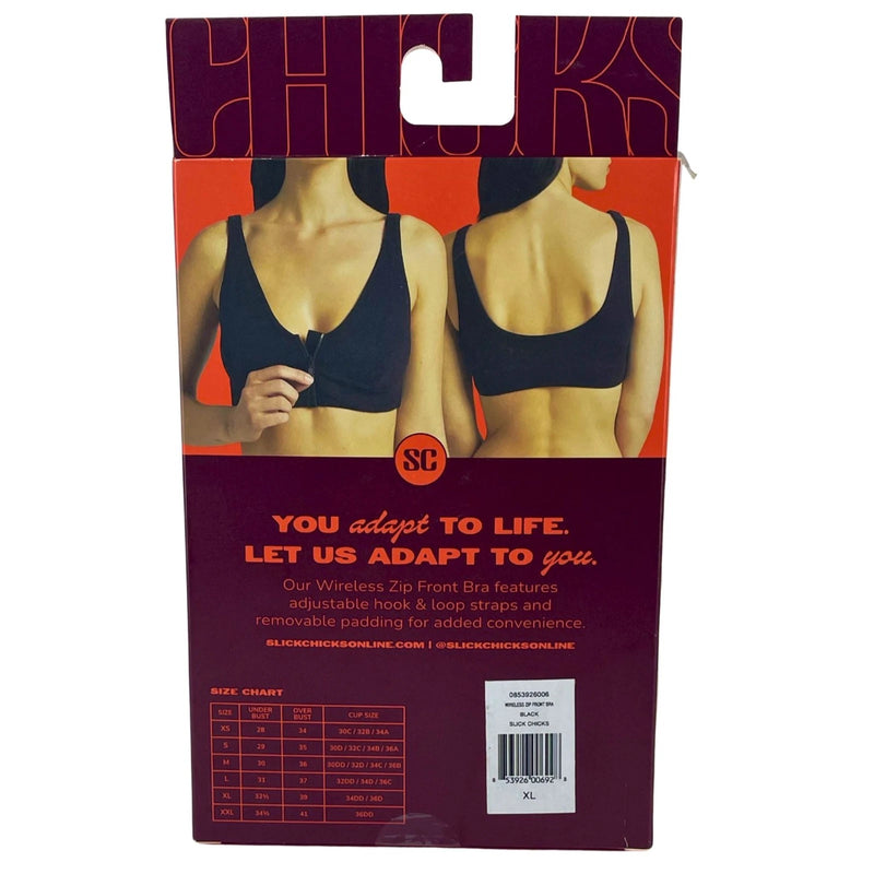 Slick Chicks Front Zip Wireless Bra Black XL 3 Pack New