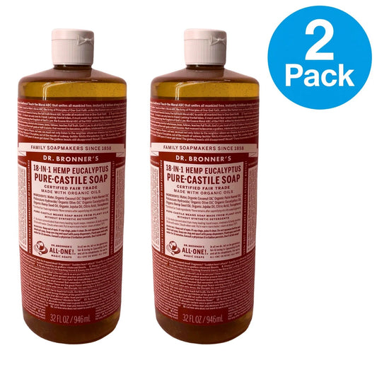 Dr. Bronner's 18-in-1 Hemp Eucalyptus Pure-Castile Soap 32 oz bottles with refreshing eucalyptus scent