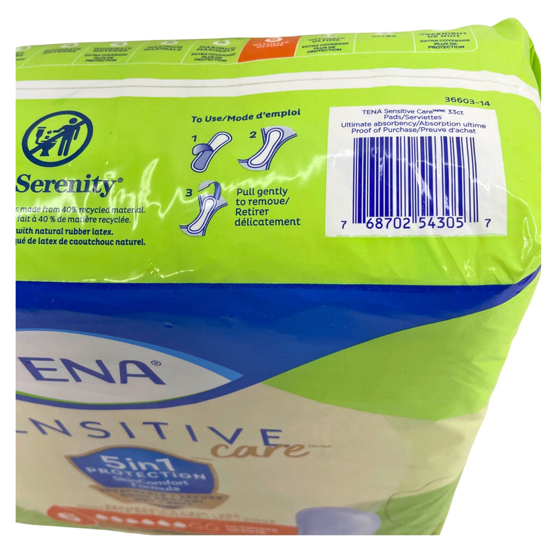 TENA Sensitive Care Serenity Pads Size 6 Ultimate Absorbency 33 Count 2 Pack Bun