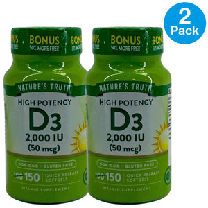 Nature's Truth High Potency D3 2000 IU 50 mcg 150 Quick Release Softgels 2 Pack