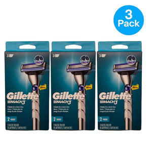 Gillette Mach3 Razor Handle + 2 Cartridges Men 3 Pack New