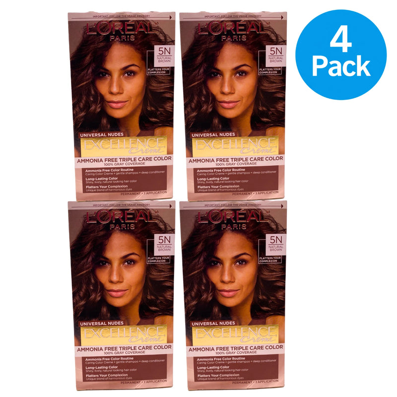 L'Oreal Paris Excellence Creme Universal Nudes Hair Color 5N Natural Brown 4 Pac