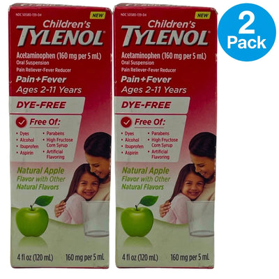 Children's Tylenol Pain + Fever Oral Suspension Dye-Free Natural Apple 2 Pack