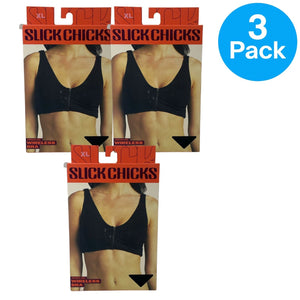Slick Chicks Front Zip Wireless Bra Black XL 3 Pack New