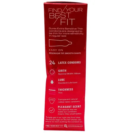 Durex Extra Sensitive Thin Latex Condoms Regular Fit 24 Count EXP 05/2029