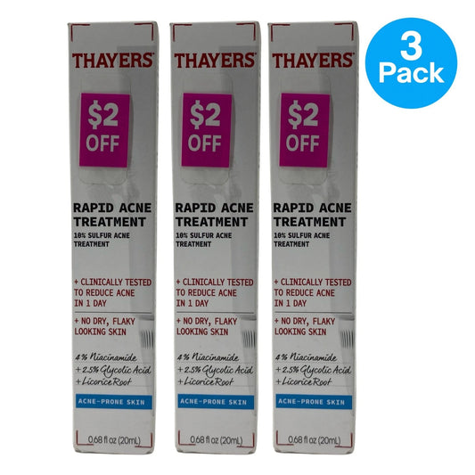 Thayers Rapid Acne Treatment 10% Sulfur 0.68 fl oz 3 Pack New