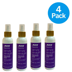 Raw Sugar Vegan Keratin Straightening Serum 4 fl oz bottles displayed in 4-pack set on white background