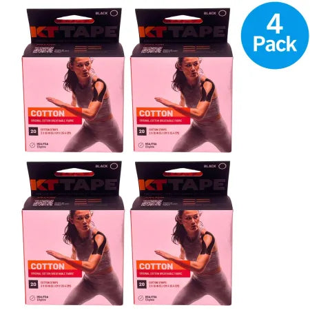 KT Tape Cotton Kinesiology Tape Black 20 Strips 4 Pack bundle for athletic support