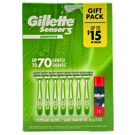 Gillette Sensor3 Sensitive Gift Pack – 7 Razors + Shave Foam 2 oz – New 1