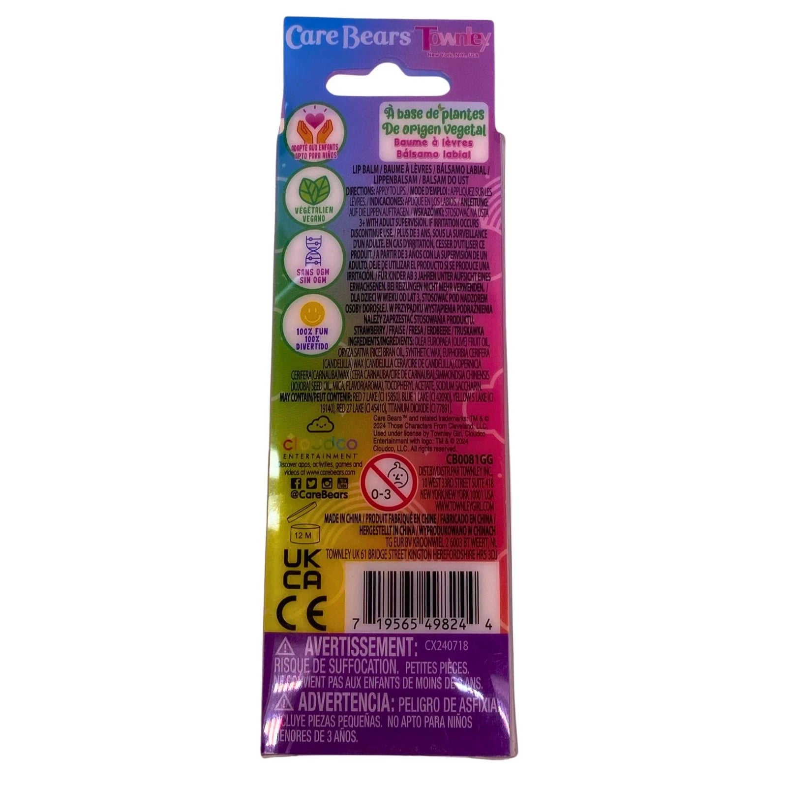 Care Bears Strawberry Flavored Lip Balm with 3D Topper, Plant Based & Vegan