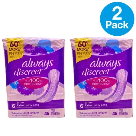 Always Discreet Incontinence Pads Extra Heavy Long 45-Ct 2-Pack New