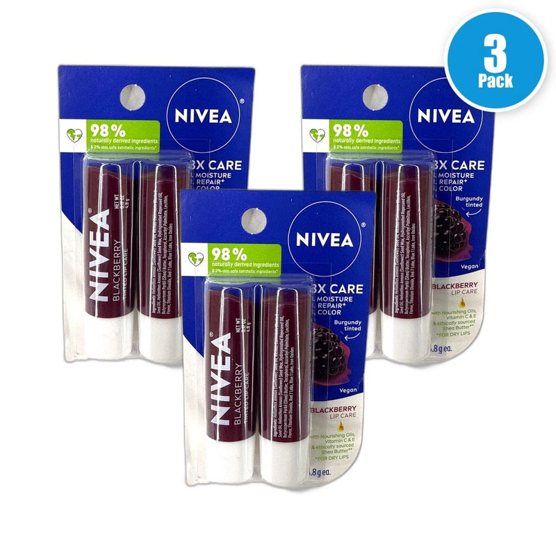 Nivea Blackberry Tinted Lip Care Balm 6 Total Pack of 3 New