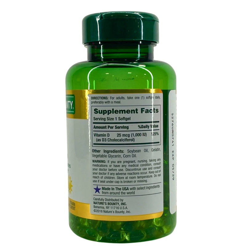Nature's Bounty D3 25 mcg 1000 IU Immune Health 250 Softgels Exp 05/29 3 Pack