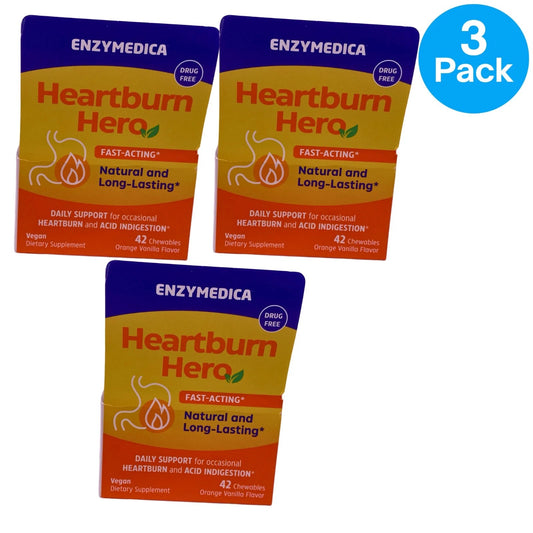 Enzymedica Heartburn Hero Orange Vanilla 42 Chewables 3 Pack Exp 03/27 New
