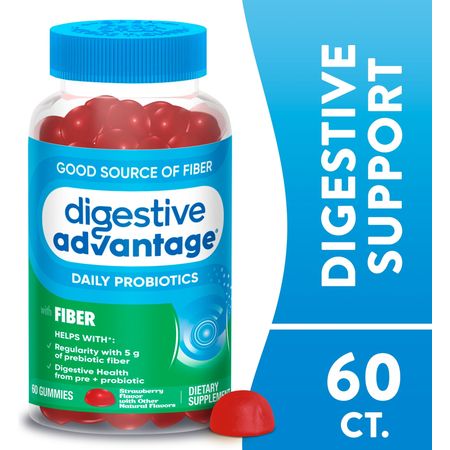 Digestive Advantage Probiotics For Women And Men, Prebiotics Fiber For Gut Health, Strawberry Flavor, 60 Gummies
