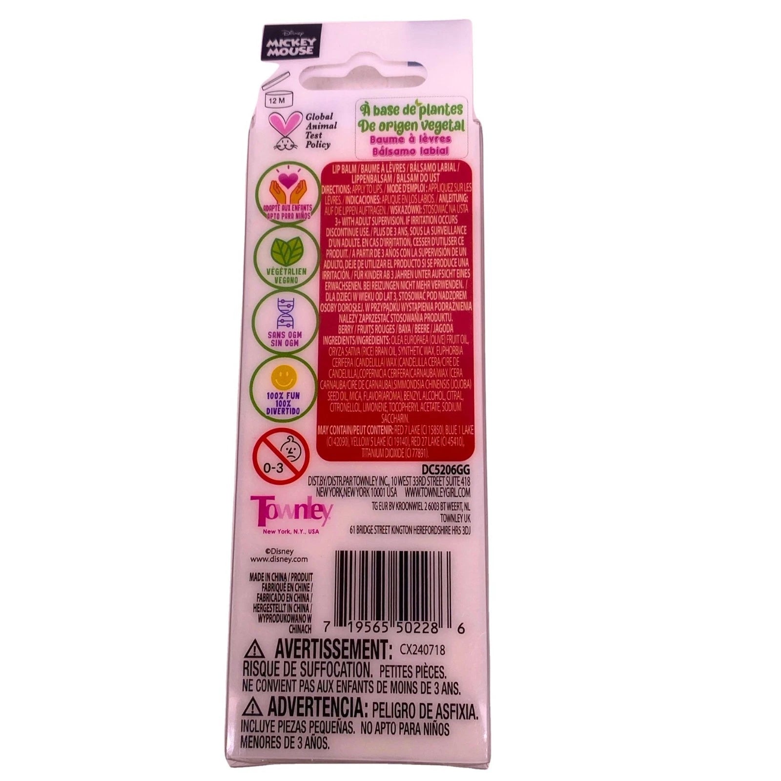 Disney Mickey Mouse Berry Flavored Lip Balm with 3D Topper, Plant Based & Vegan