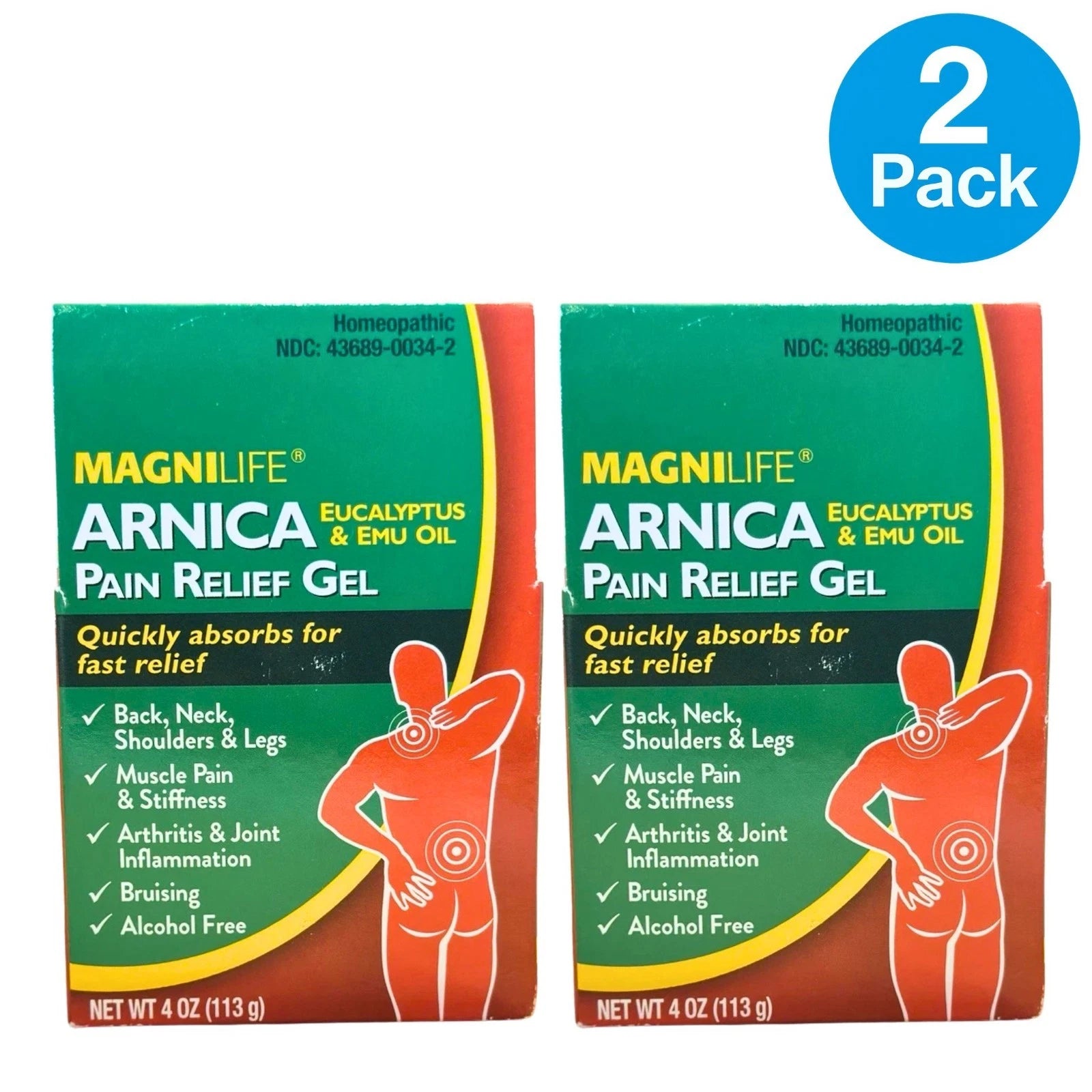 Magnilife Arnica Pain Relief Gel 4 oz Eucalyptus & Emu Oil 2 Pack New