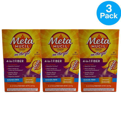 Metamucil 4-in-1 Fiber Orange Sugar-Free On-The-Go 30 Packets 3 Pack Exp 07/27