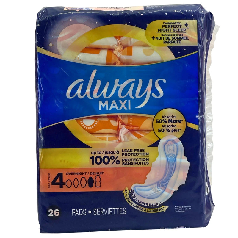 Always Maxi Overnight Pads Size 4 Unscented Leak-Free Protection 26 CT 4 Pack