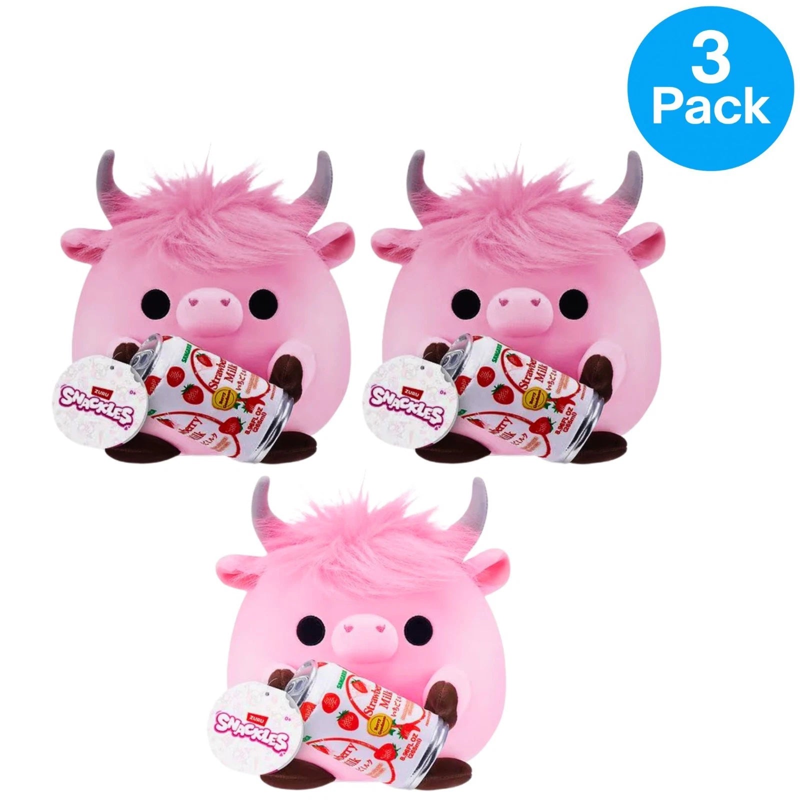 Zuru Snackles Super Sized 14" Pink Highland Cow Strawberry Milk Plush 3 Pack 1