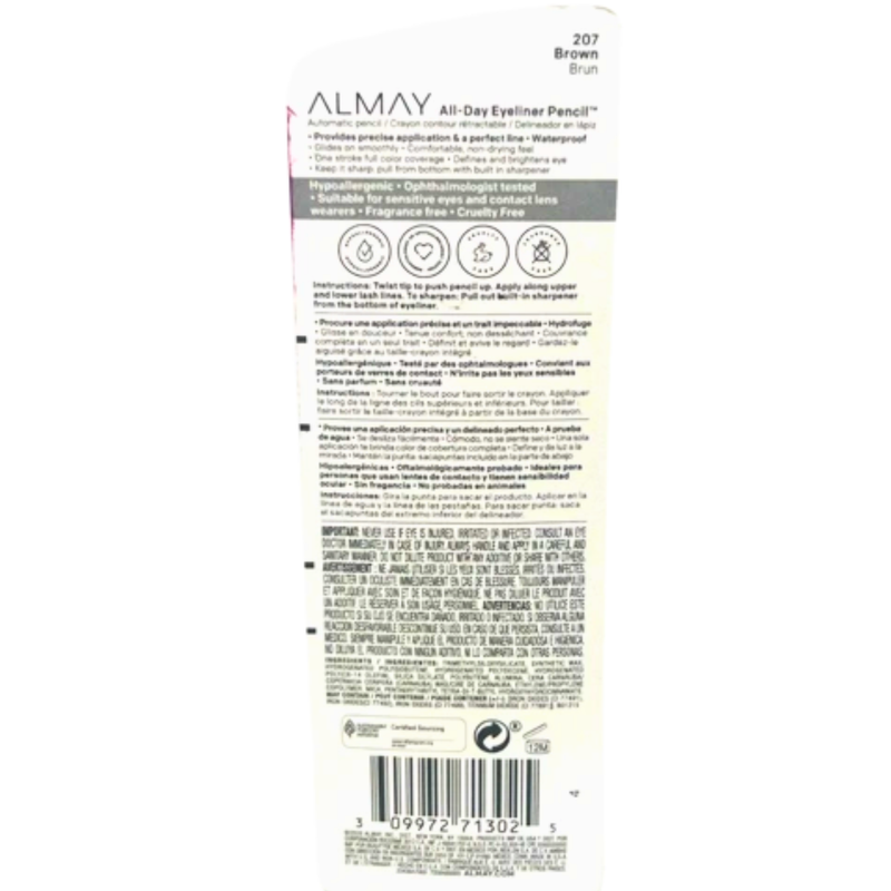 Almay Top Of The Line Eyeliner, Brown #207 With Vitamin E, Sharpener, 0.01 oz - 1 Pack
