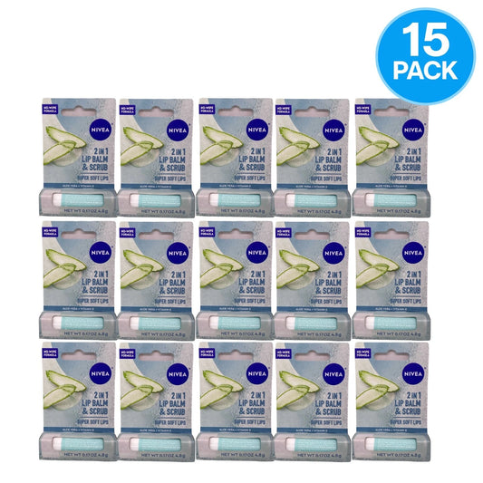 NIVEA 2 in 1 Lip Balm & Scrub Aloe Vera 0.17 oz 15 Pack New