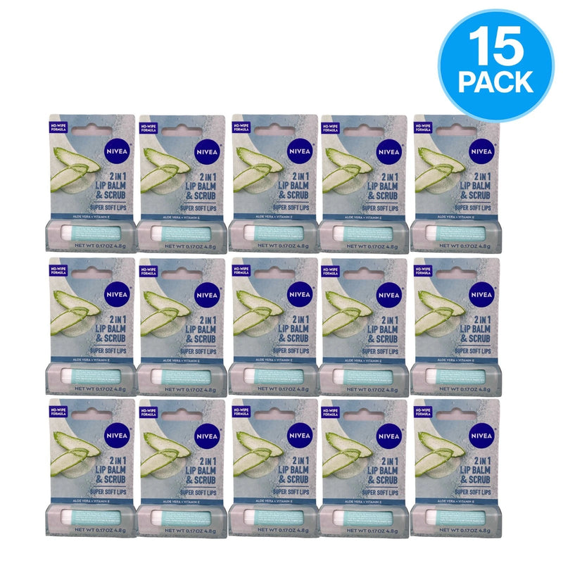 NIVEA 2 in 1 Lip Balm & Scrub Aloe Vera 0.17 oz 15 Pack New